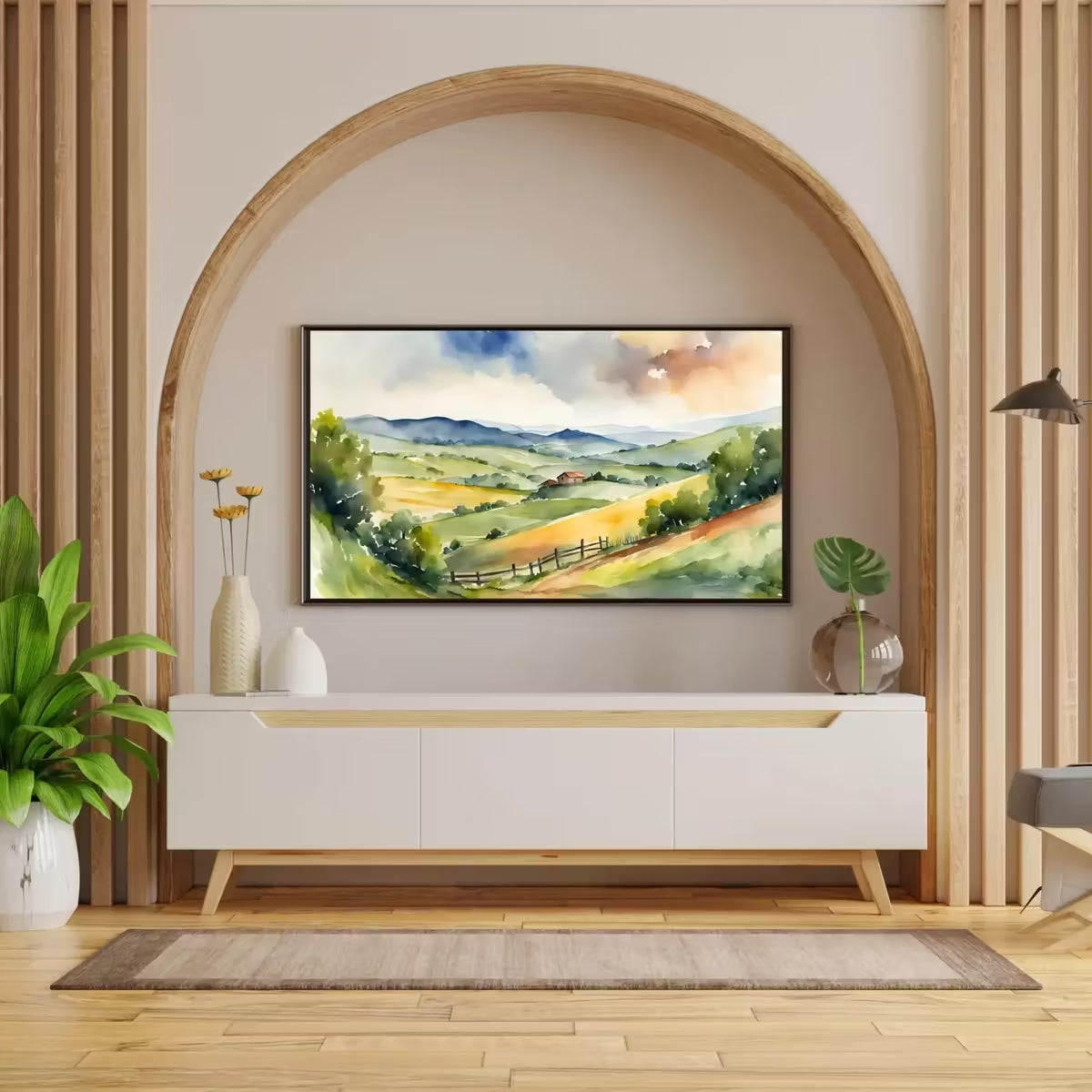 Countryside Landscape Wall Art. Watercolor Minimalist Fields Painting. Frame TV 4K Colorful Nature Scenery. – Frame TV  Art