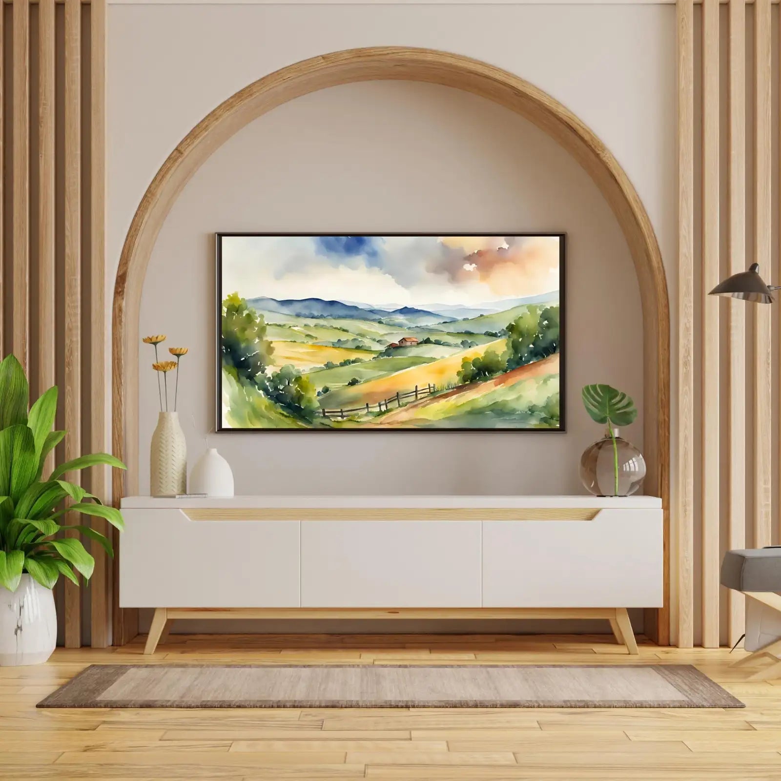 Countryside Landscape Wall Art. Watercolor Minimalist Fields Painting. Frame TV 4K Colorful Nature Scenery. – Frame TV Digital Download Art – Digital Download