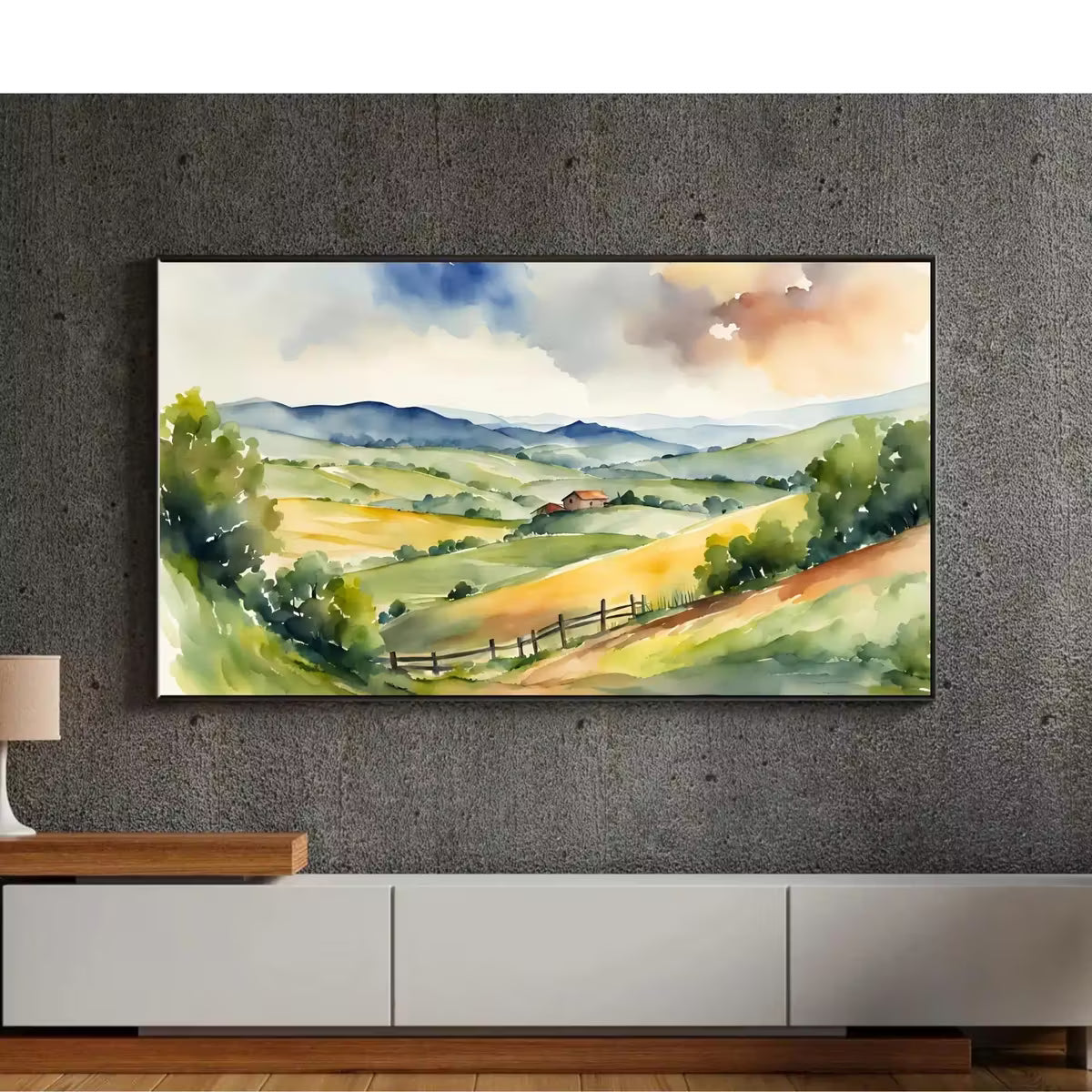Countryside Landscape Wall Art. Watercolor Minimalist Fields Painting. Frame TV 4K Colorful Nature Scenery. – Frame TV  Art