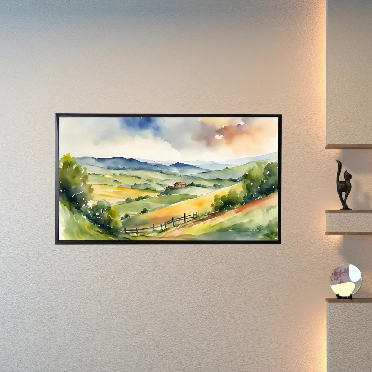Countryside Landscape Wall Art. Watercolor Minimalist Fields Painting. Frame TV 4K Colorful Nature Scenery. – Frame TV  Art