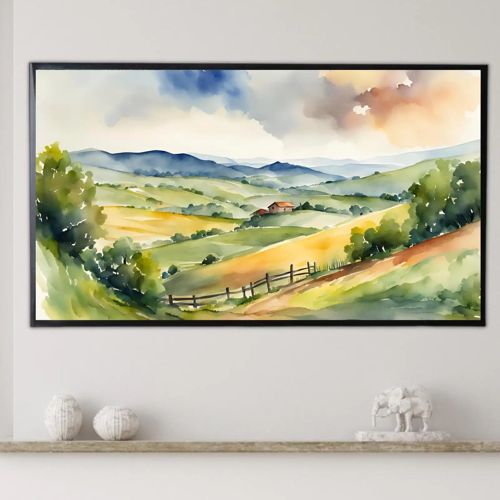 Countryside Landscape Wall Art. Watercolor Minimalist Fields Painting. Frame TV 4K Colorful Nature Scenery. – Frame TV Digital Download Art – Digital Download
