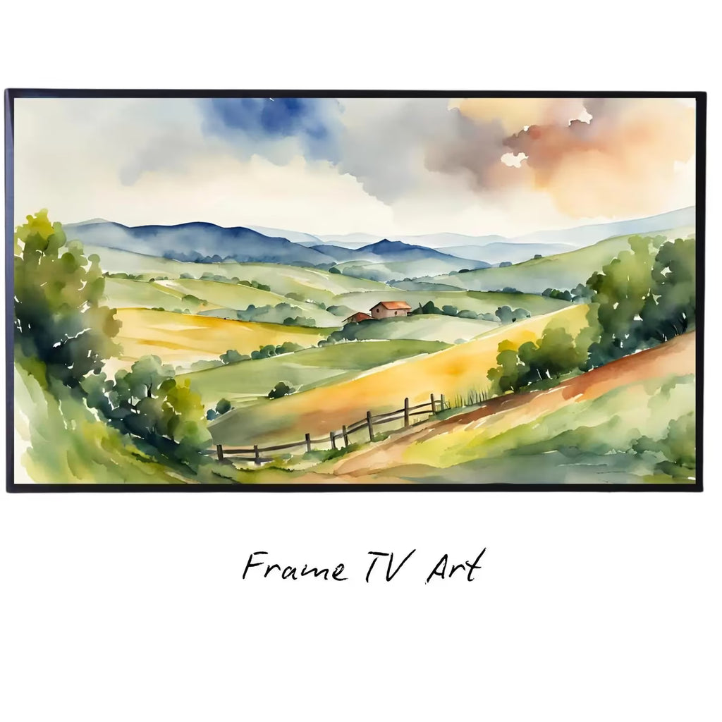 Countryside Landscape Wall Art. Watercolor Minimalist Fields Painting. Frame TV 4K Colorful Nature Scenery. – Frame TV  Art