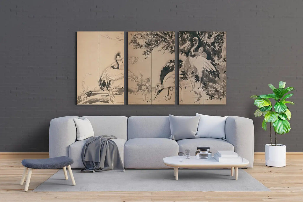 Included artwork preview showing first selection of artworks from Cranes Vintage Tropical Birds Printable Wall Art. Set of 3 Prints. Wildlife Vintage Japanese Print Set. Instant Download. 3 Piece Wall Art.