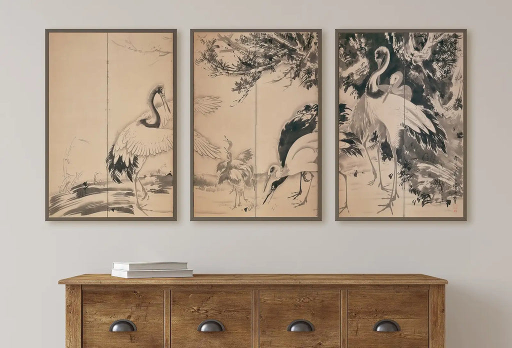 Detail view of artwork from Cranes Vintage Tropical Birds Printable Wall Art. Set of 3 Prints. Wildlife Vintage Japanese Print Set. Instant Download. 3 Piece Wall Art. (variation 1)