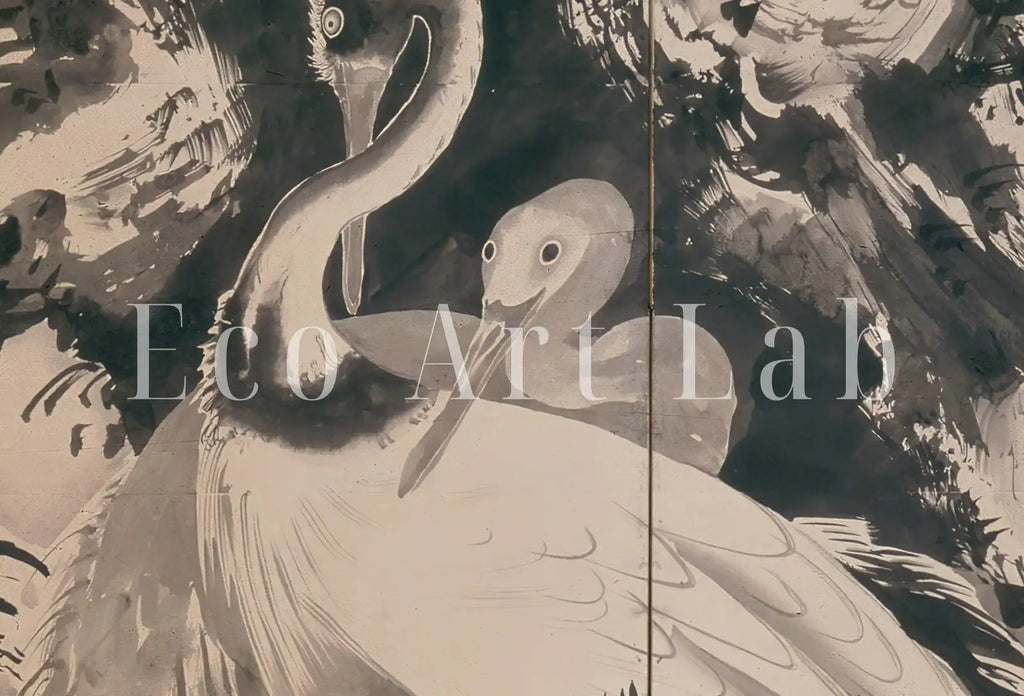 Detail view of artwork from Cranes Vintage Tropical Birds Printable Wall Art. Set of 3 Prints. Wildlife Vintage Japanese Print Set. Instant Download. 3 Piece Wall Art. (variation 2)