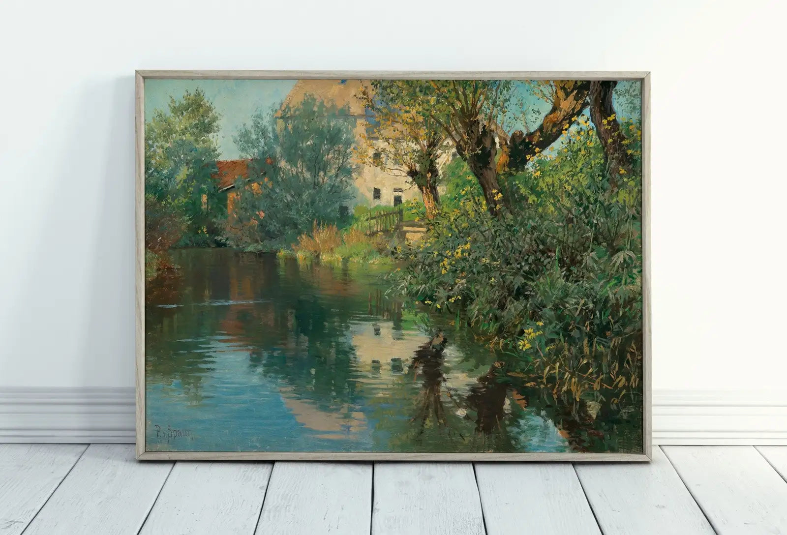 Detail view of artwork from Creek in Spring Vintage Landscape Painting. Printable Country Decor. Spring Farmhouse. Rustic Garden Landscape. Wall Art Print. Nature Art. (variation 1)