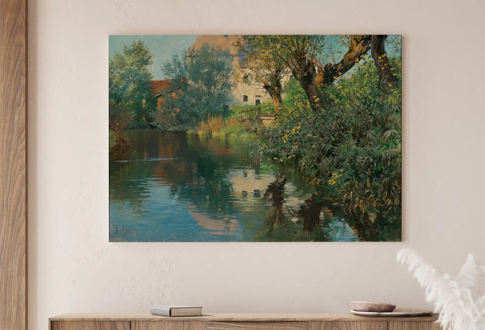 Detail view of artwork from Creek in Spring Vintage Landscape Painting. Printable Country Decor. Spring Farmhouse. Rustic Garden Landscape. Wall Art Print. Nature Art. (variation 2)