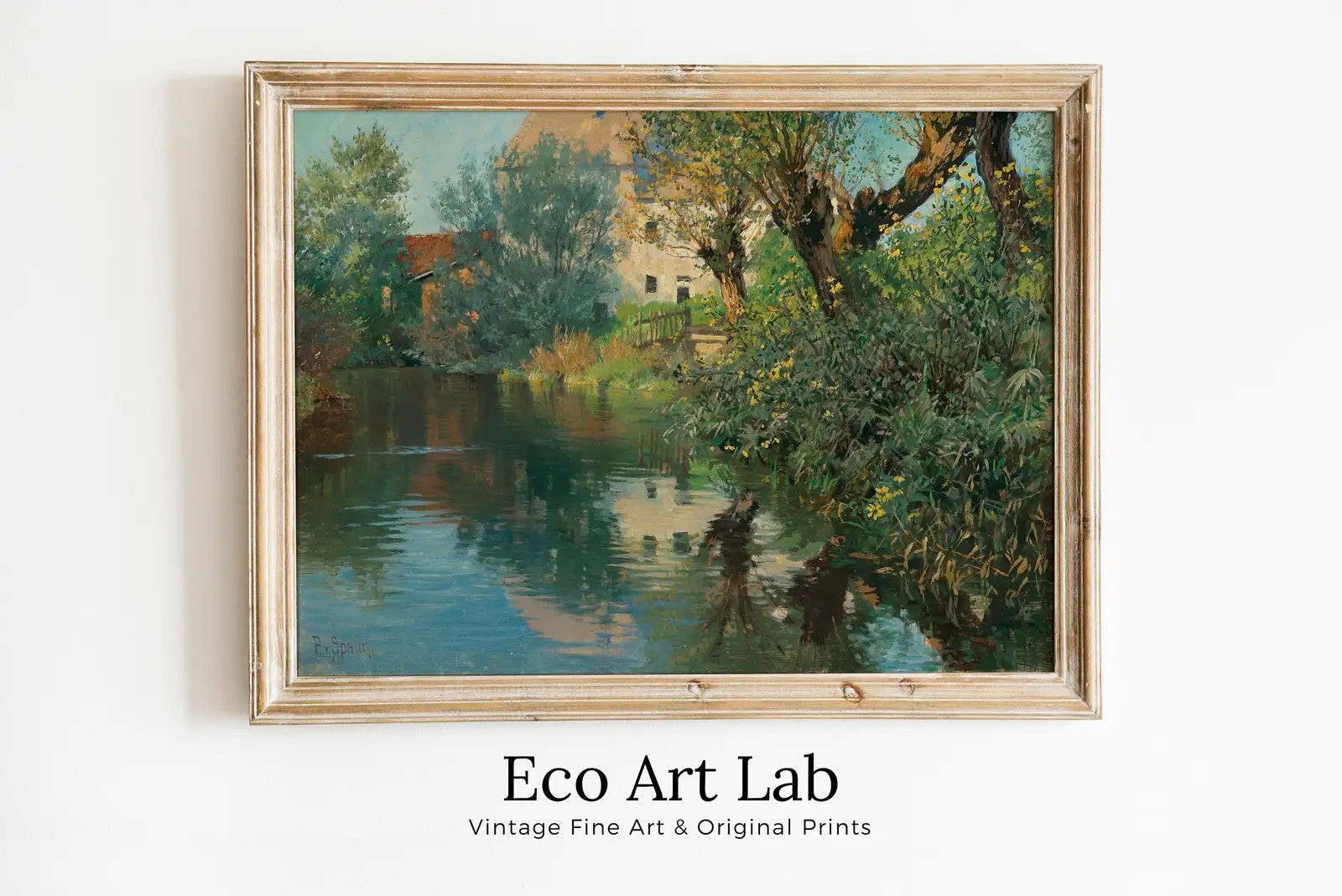 Framed view of Creek in Spring Vintage Landscape Painting. Printable Country Decor. Spring Farmhouse. Rustic Garden Landscape. Wall Art Print. Nature Art – printable wall art digital download.