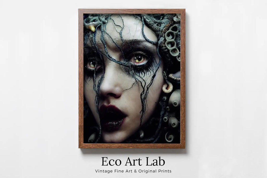 Framed view of Creepy Gothic Mermaid Art. Printable Wall Art. Dark Mermaid Digital Painting. Instant Download. Mermaid Portrait Painting. Horror Scary Art – printable wall art digital download.