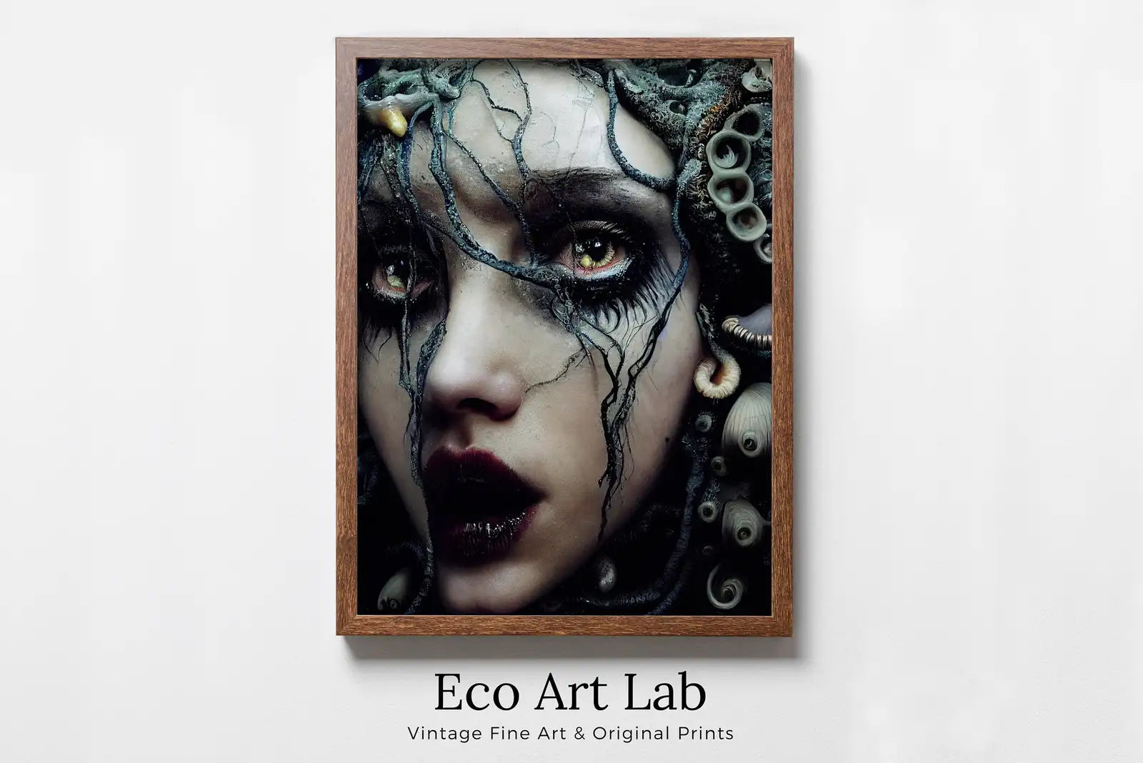 Framed view of Creepy Gothic Mermaid Art. Printable Wall Art. Dark Mermaid Digital Painting. Instant Download. Mermaid Portrait Painting. Horror Scary Art – printable wall art digital download.