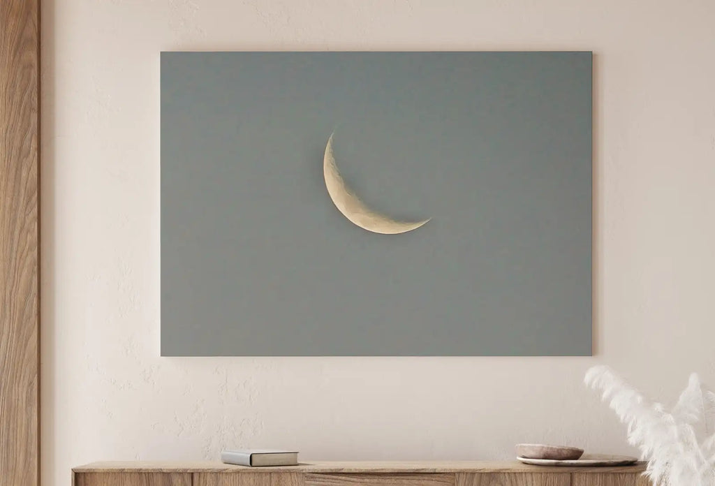 Detail view of artwork from Crescent Moon Print. Boho Minimalist Moon Phase Wall Art. Lunar Print Poster, Celestial Wall Decor. Intant Download Boho Moon Art. Stars Art. (variation 1)