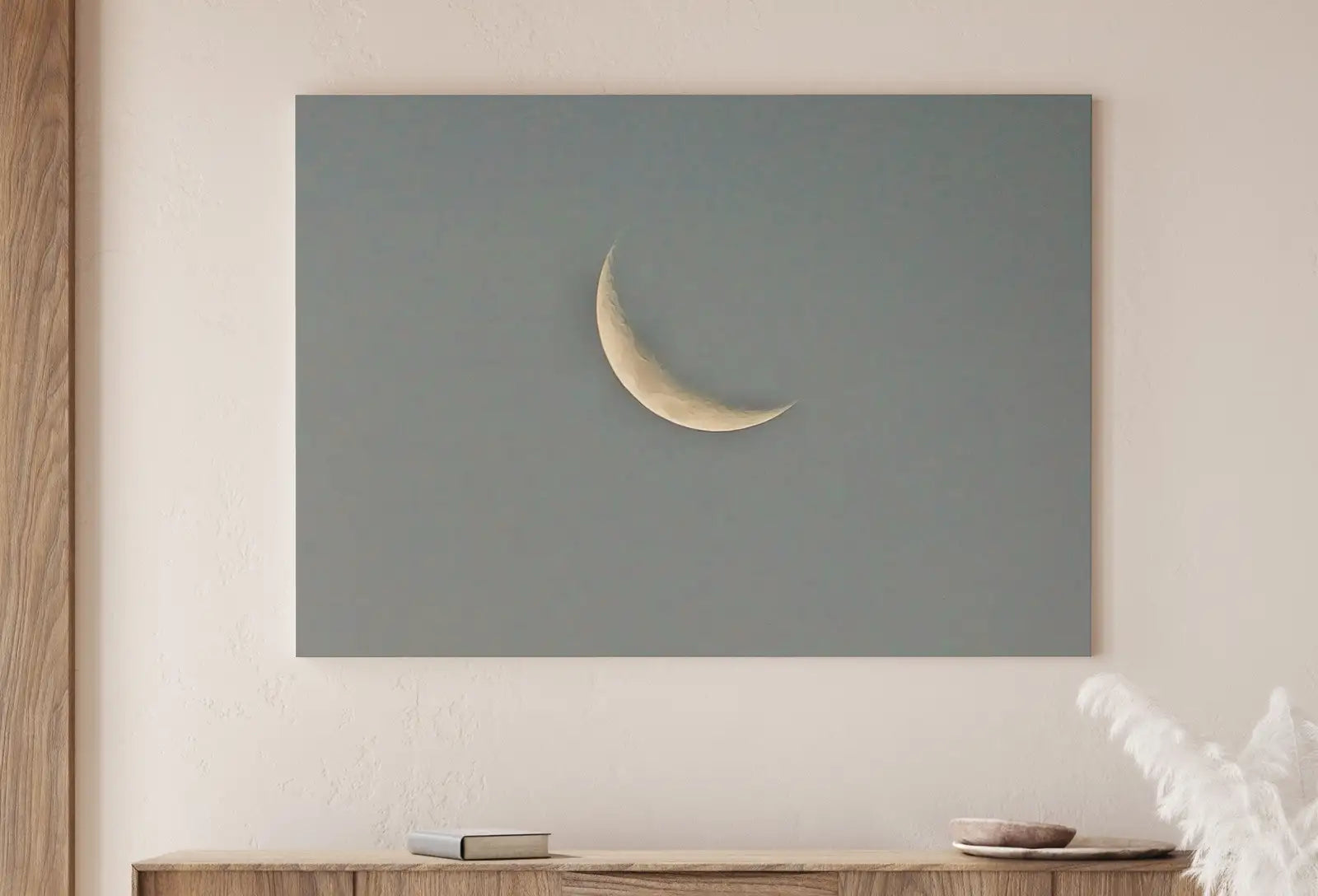 Detail view of artwork from Crescent Moon Print. Boho Minimalist Moon Phase Wall Art. Lunar Print Poster, Celestial Wall Decor. Intant Download Boho Moon Art. Stars Art. (variation 1)