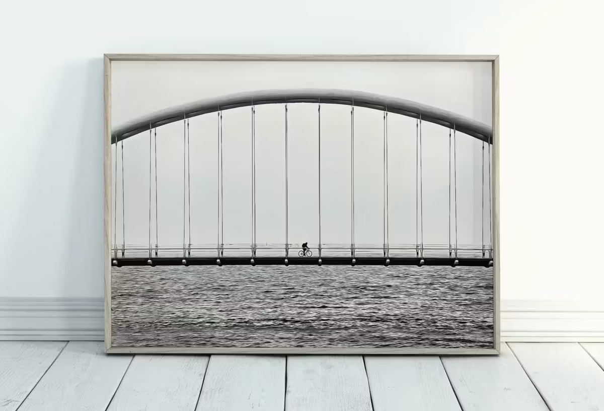 Cyclist on Bridge Black and White Art Photography Print. Horizontal Printable Wall Art Modern Wall Decor Instant Download Architecture Print – Printable Wall Art