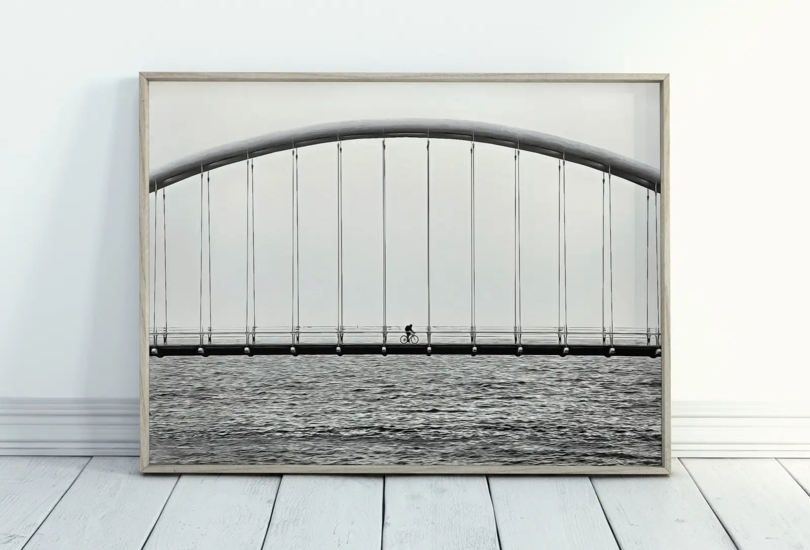 Included artwork preview showing first selection of artworks from Cyclist on Bridge Black and White Art Photography Print. Horizontal Printable Wall Art Modern Wall Decor Instant Download Architecture Print.