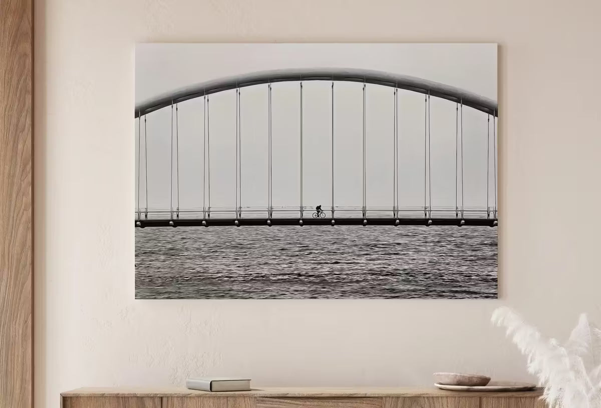 Cyclist on Bridge Black and White Art Photography Print. Horizontal Printable Wall Art Modern Wall Decor Instant Download Architecture Print – Printable Wall Art
