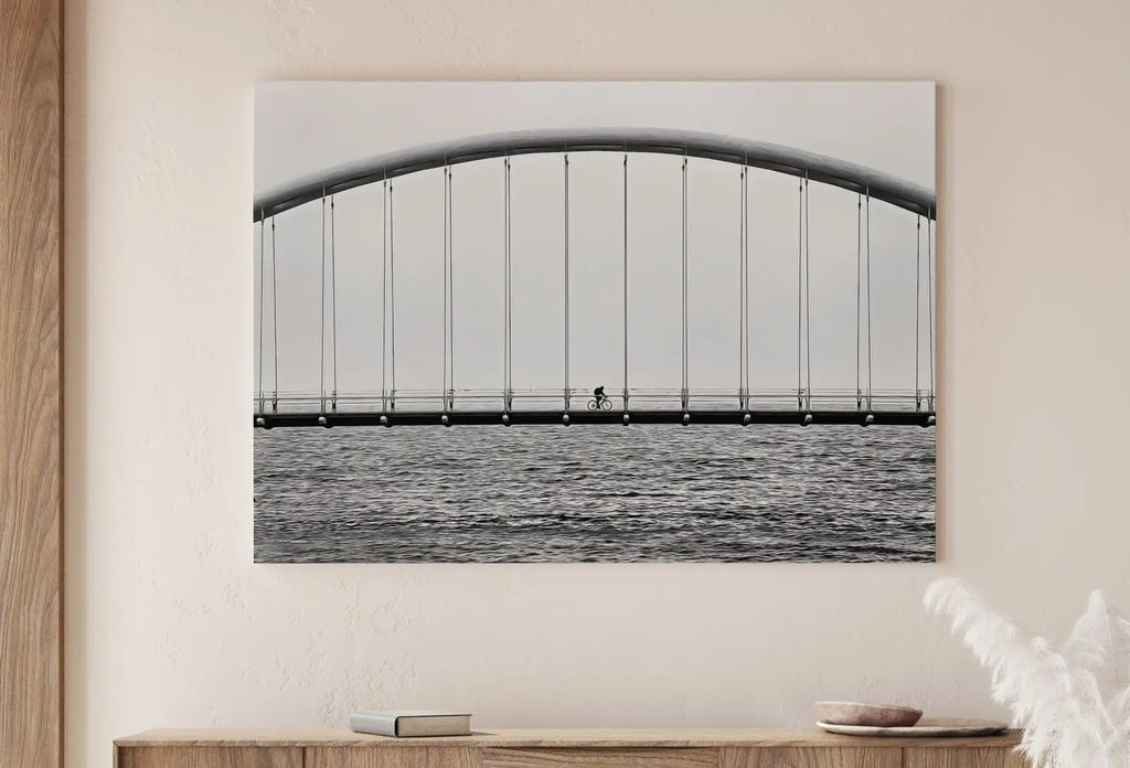 Detail view of artwork from Cyclist on Bridge Black and White Art Photography Print. Horizontal Printable Wall Art Modern Wall Decor Instant Download Architecture Print. (variation 1)