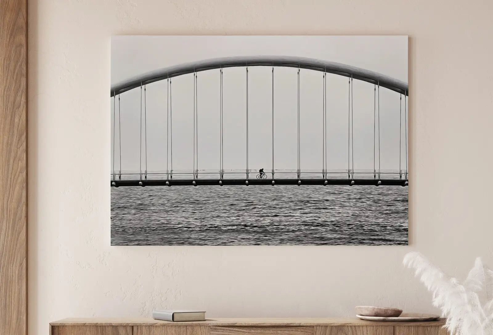 Detail view of artwork from Cyclist on Bridge Black and White Art Photography Print. Horizontal Printable Wall Art Modern Wall Decor Instant Download Architecture Print. (variation 1)