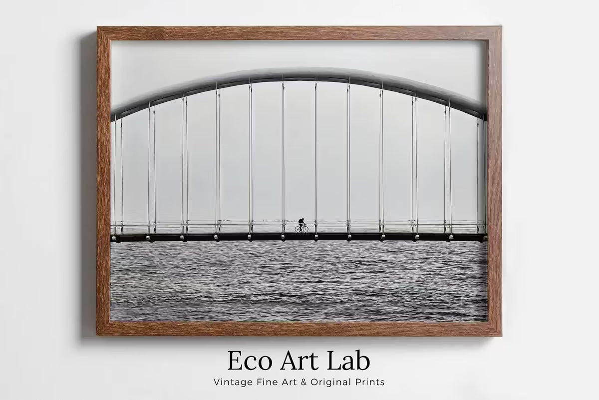 Cyclist on Bridge Black and White Art Photography Print. Horizontal Printable Wall Art Modern Wall Decor Instant Download Architecture Print – Printable Wall Art
