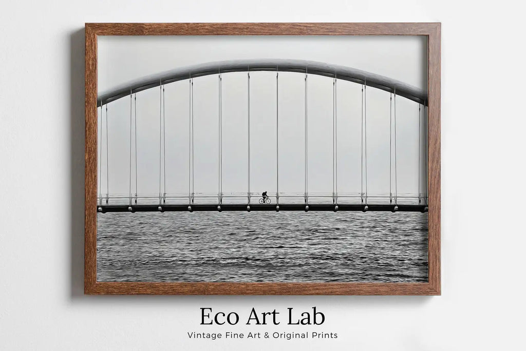 Framed view of Cyclist on Bridge Black and White Art Photography Print. Horizontal Printable Wall Art Modern Wall Decor Instant Download Architecture Print – printable wall art digital download.