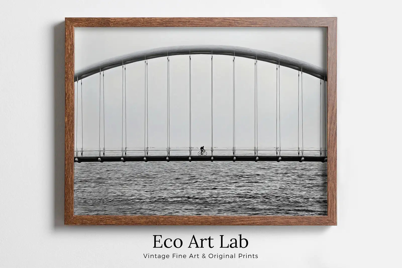 Framed view of Cyclist on Bridge Black and White Art Photography Print. Horizontal Printable Wall Art Modern Wall Decor Instant Download Architecture Print – printable wall art digital download.