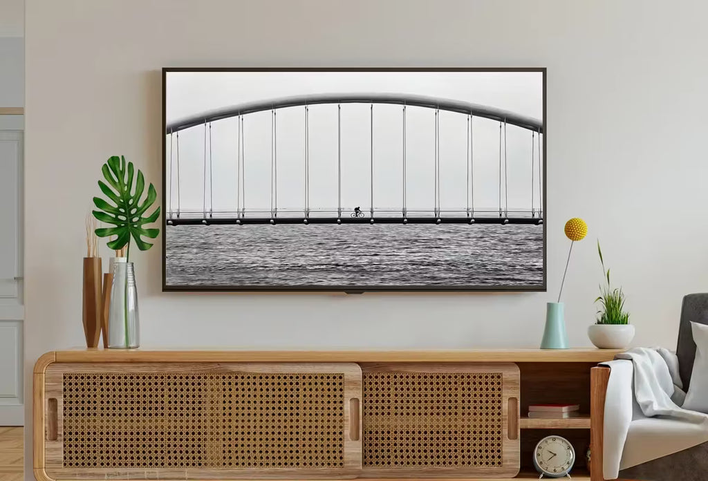 Cyclist on Bridge Black and White Frame TV Art.  Wall Art, Artwork for The Frame TV, Architecture Art for Samsung Frame – Frame TV  Art