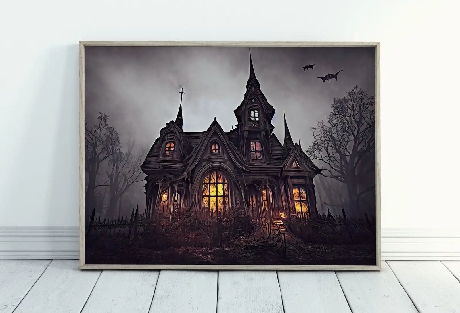 Framed view of Dark Gothic Scary Haunted Mansion Print. Halloween Printable Wall Art. Horror Halloween Painting. Instant Download Art Print. Fall Decor – printable wall art digital download.