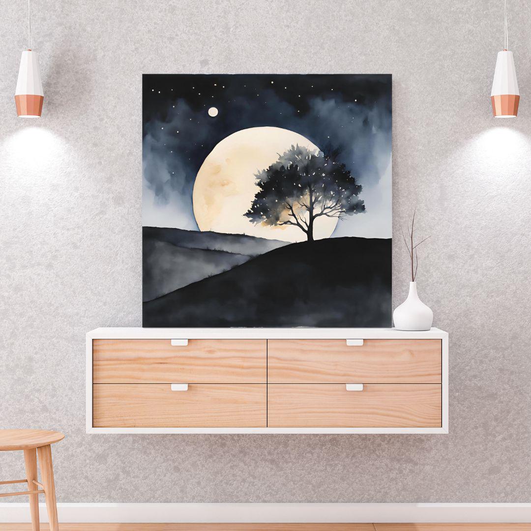 Dark Landscape Watercolor Painting With Two Moons. Minimalist Wall Decor For Home Art. Celestial Decor In Square Format – Printable Wall Art Digital Download – Digital Download