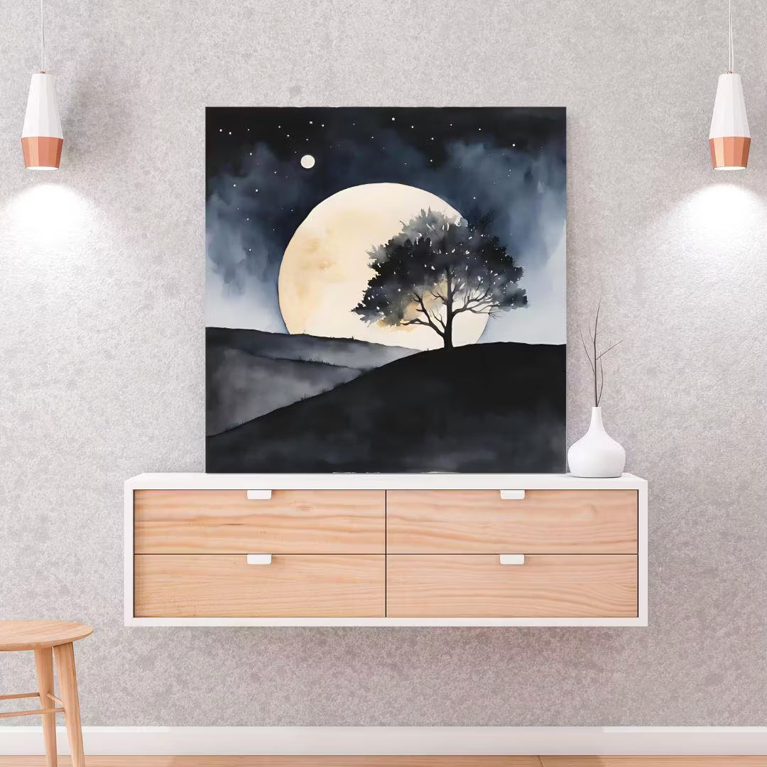 Dark Landscape Watercolor Painting With Two Moons. Minimalist Wall Decor For Home Art. Celestial Decor In Square Format – Printable Wall Art