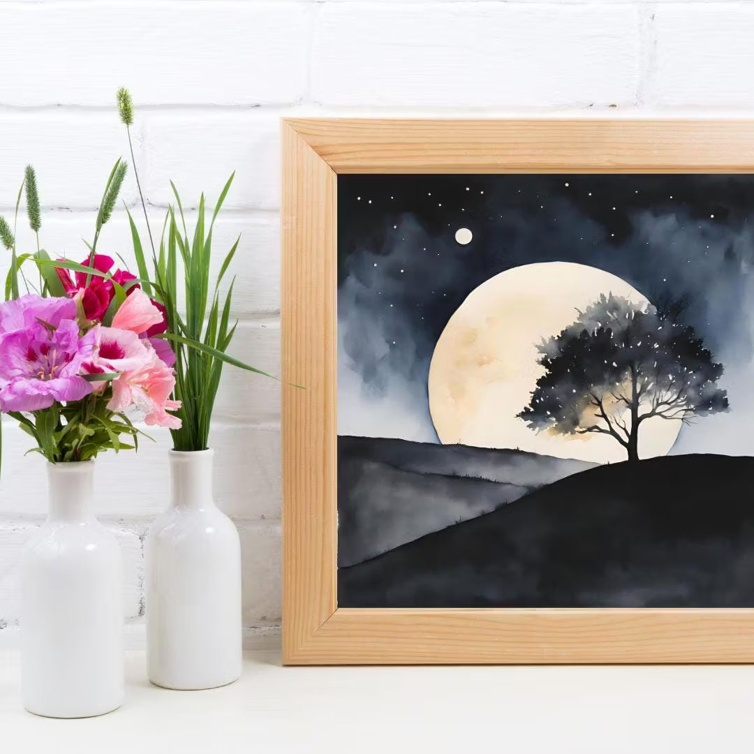 Dark Landscape Watercolor Painting With Two Moons. Minimalist Wall Decor For Home Art. Celestial Decor In Square Format – Printable Wall Art