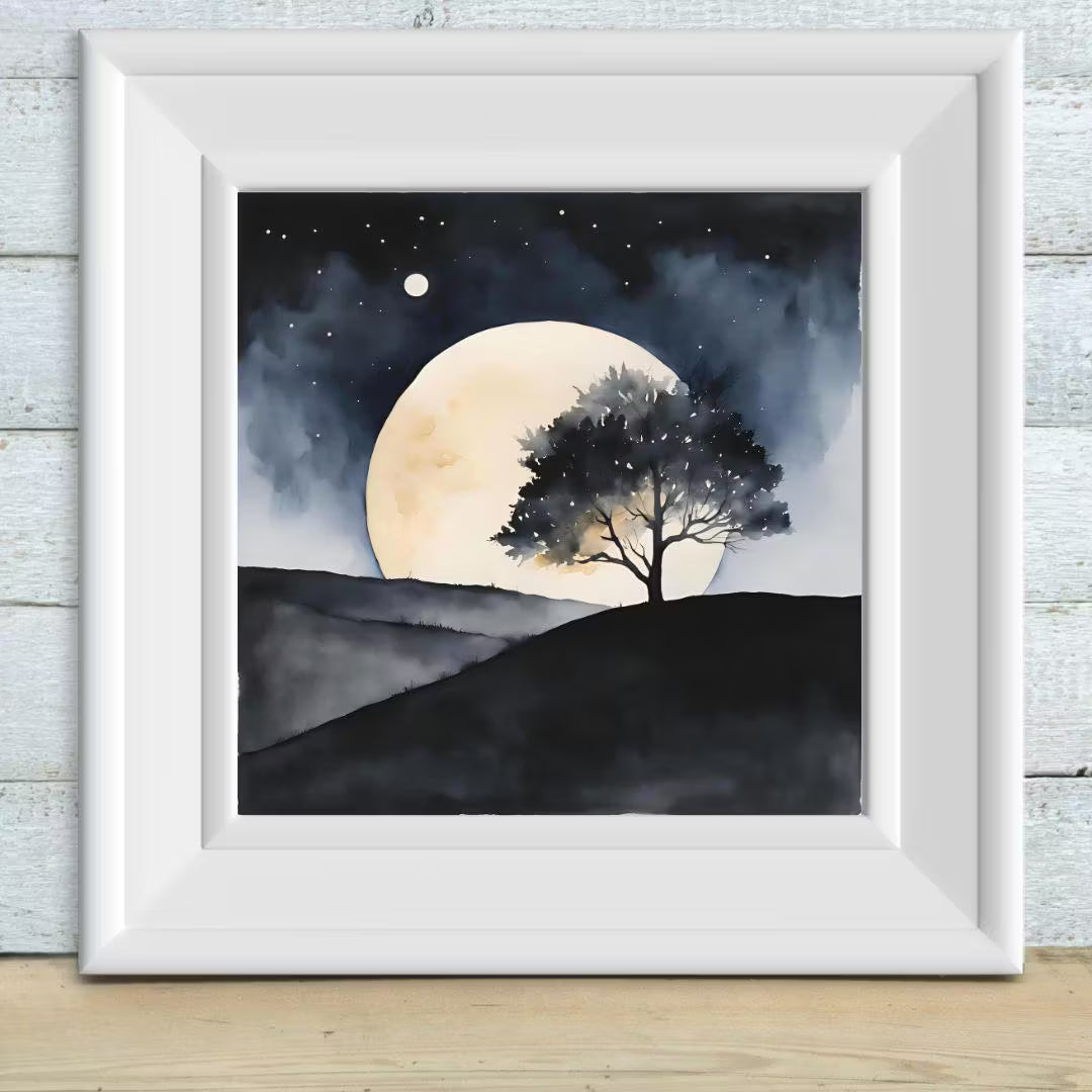 Dark Landscape Watercolor Painting With Two Moons. Minimalist Wall Decor For Home Art. Celestial Decor In Square Format – Printable Wall Art
