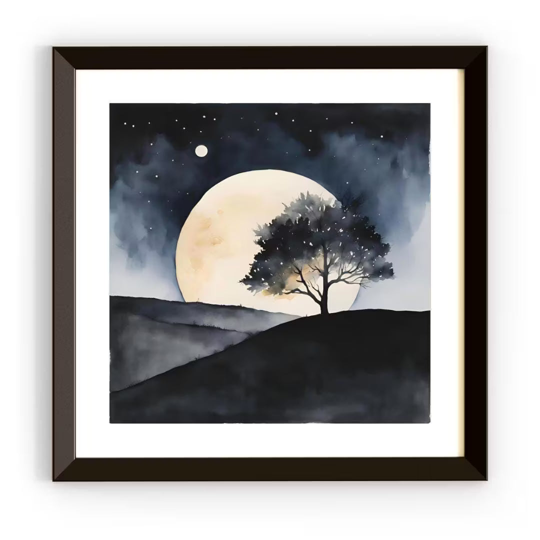 Dark Landscape Watercolor Painting With Two Moons. Minimalist Wall Decor For Home Art. Celestial Decor In Square Format – Printable Wall Art
