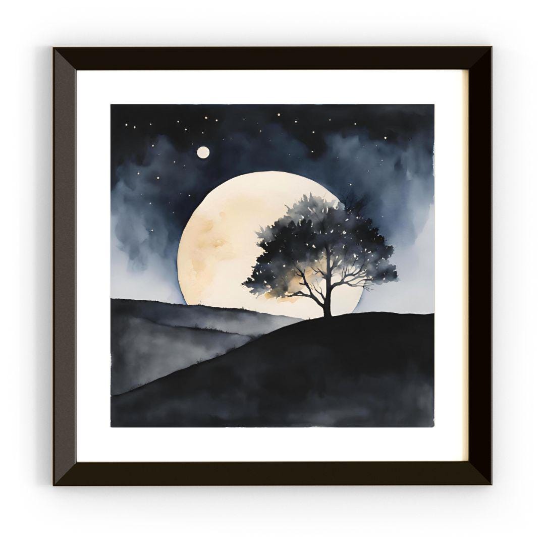 Dark Landscape Watercolor Painting With Two Moons. Minimalist Wall Decor For Home Art. Celestial Decor In Square Format – Printable Wall Art Digital Download – Digital Download