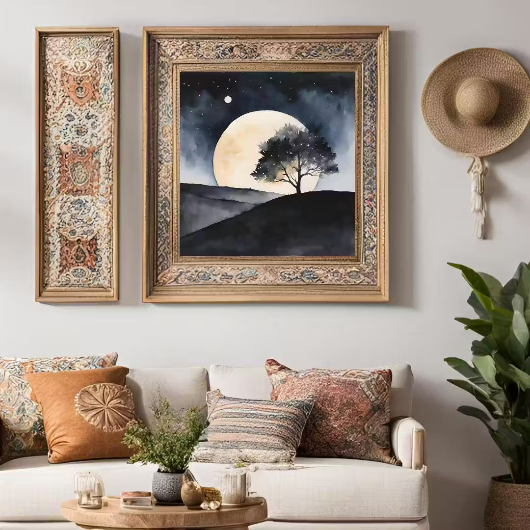 Dark Landscape Watercolor Painting With Two Moons. Minimalist Wall Decor For Home Art. Celestial Decor In Square Format – Printable Wall Art