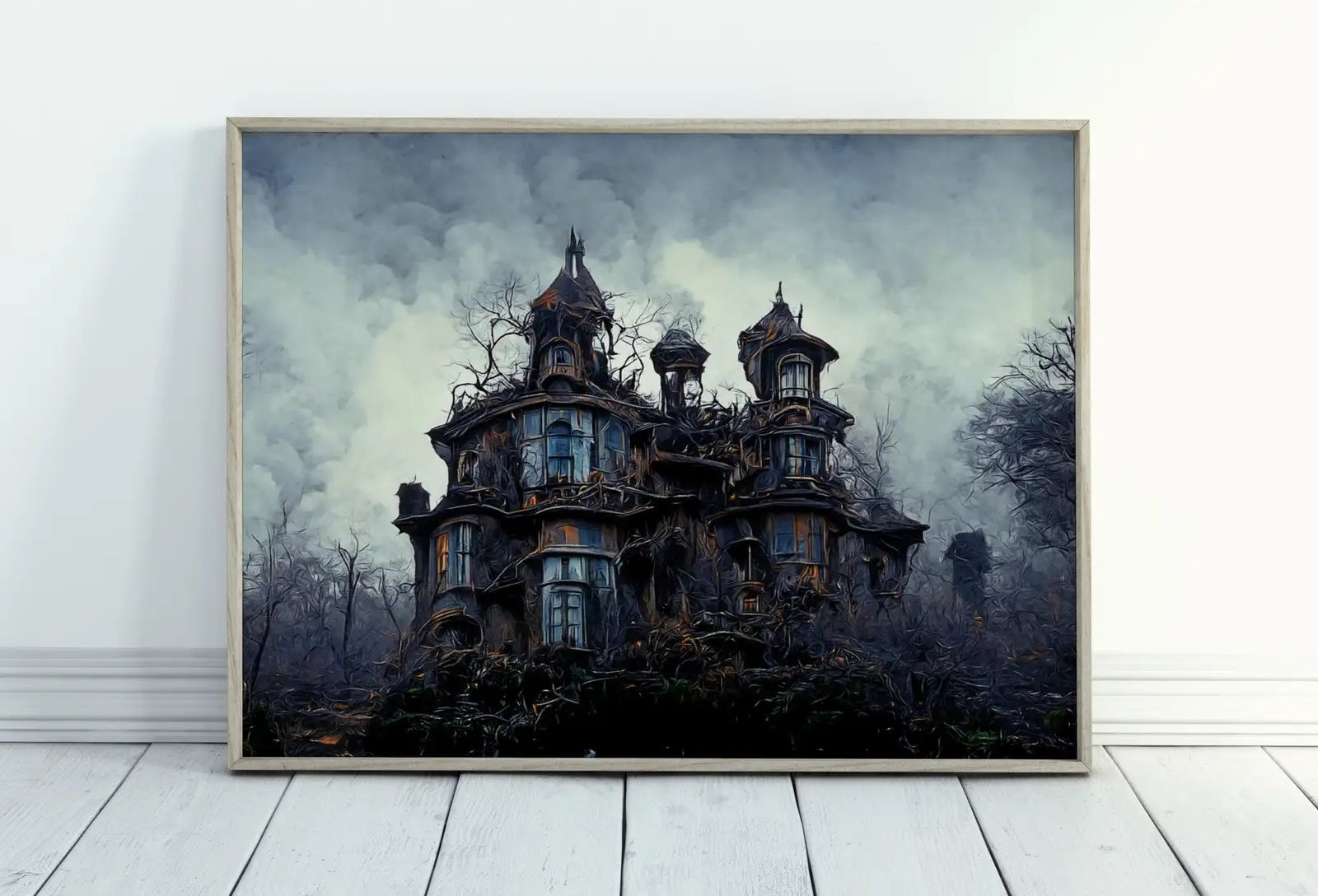 Framed view of Dark Scary Haunted Mansion Gothic Print. Halloween Printable Wall Art. Horror Halloween Painting. Instant Download Art Print. Fall Decor – printable wall art digital download.