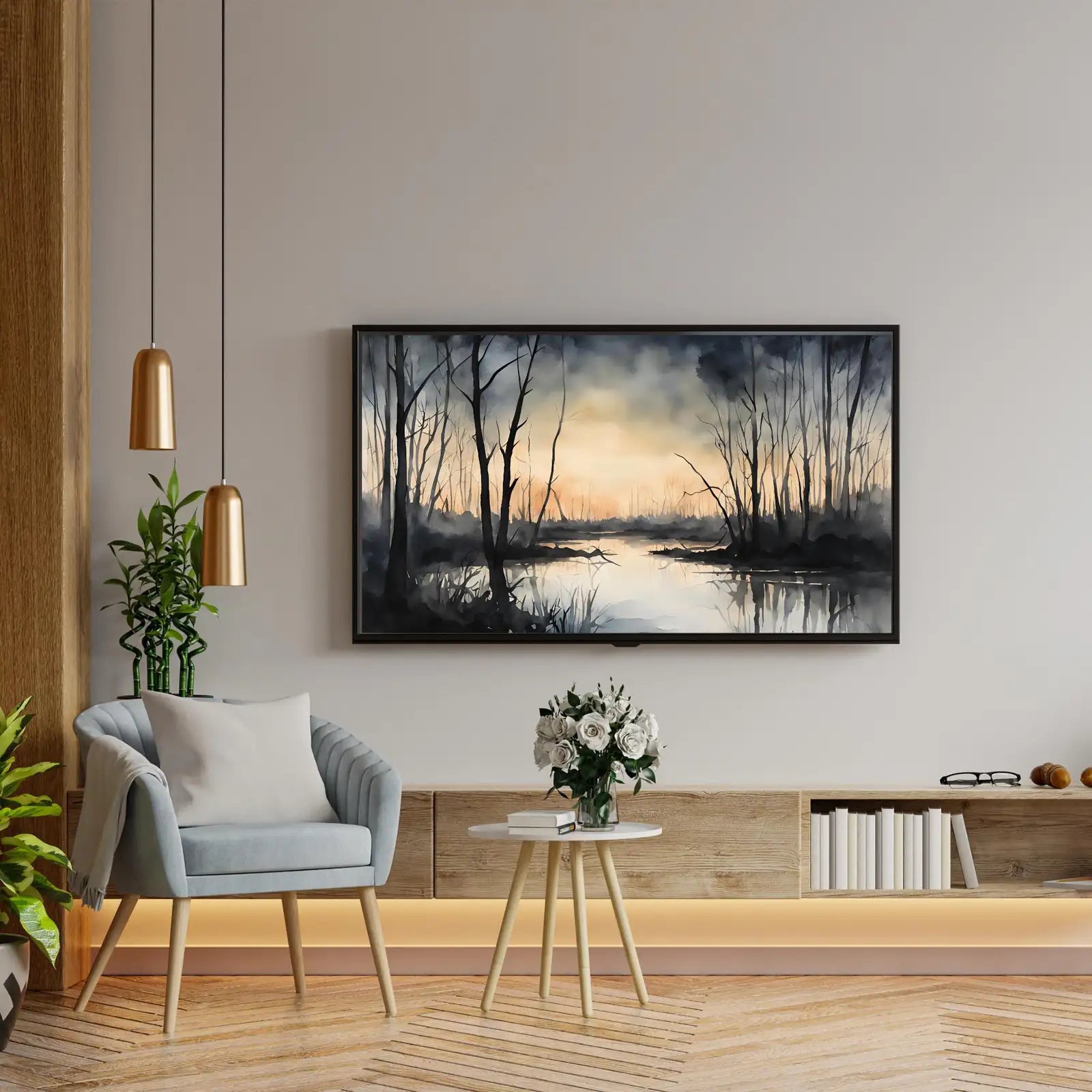 Dark Sunset Art for The Frame TV I Forest Minimalist Decor I Minimalist Watercolor for Samsung Frame TV – Frame TV Art Set (Digital Download) – Digital Download