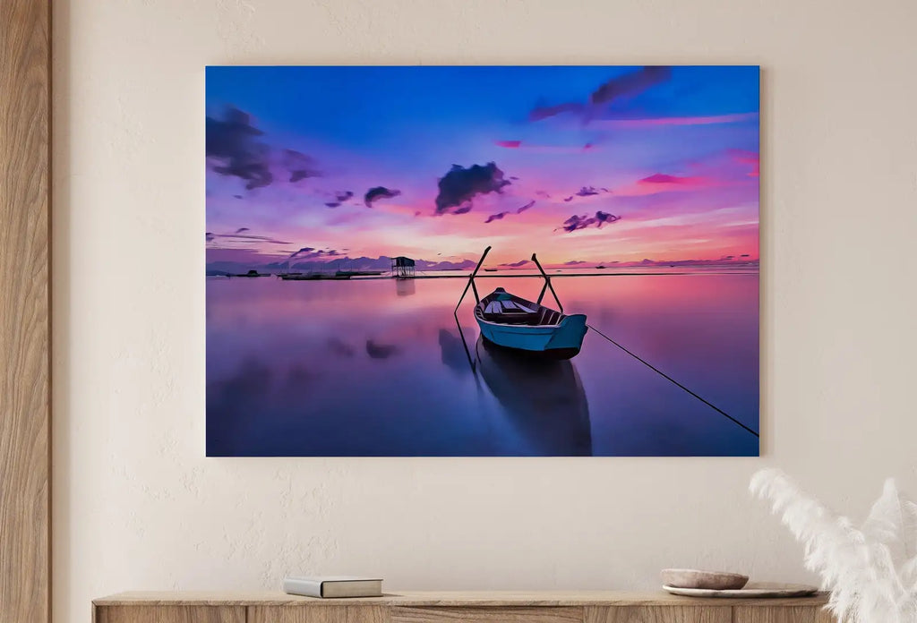 Detail view of artwork from Dawn with a Boat At Sea Print, Nautical Wall Decor. Printable Wall Art. Digital Print, Colorful Boat Printable Modern Wall Art, Boat Print. (variation 1)