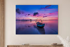 Detail view of artwork from Dawn with a Boat At Sea Print, Nautical Wall Decor. Printable Wall Art. Digital Print, Colorful Boat Printable Modern Wall Art, Boat Print. (variation 1)
