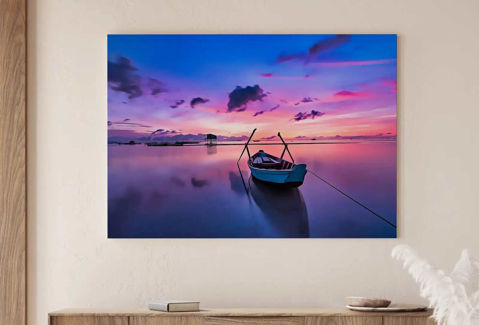 Detail view of artwork from Dawn with a Boat At Sea Print, Nautical Wall Decor. Printable Wall Art. Digital Print, Colorful Boat Printable Modern Wall Art, Boat Print. (variation 1)