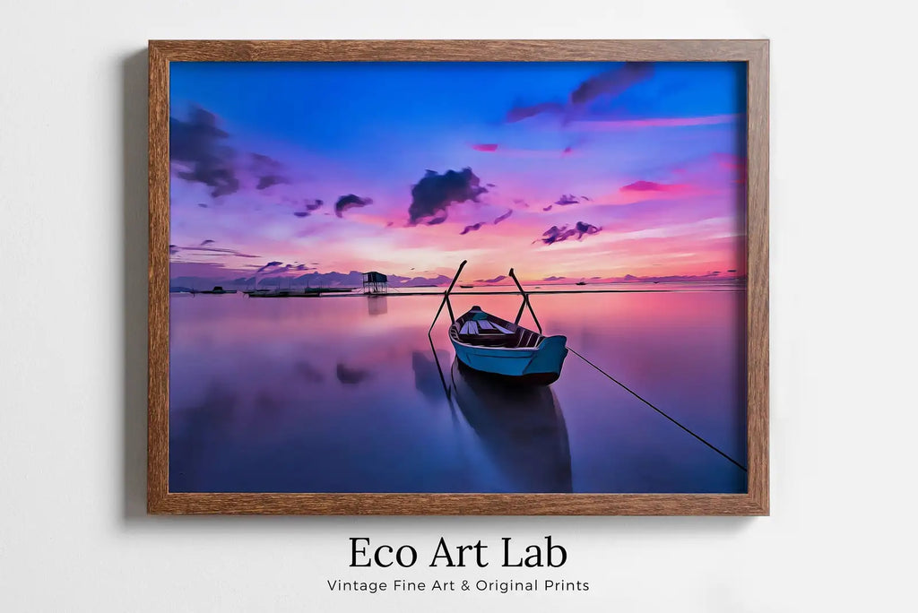 Framed view of Dawn with a Boat At Sea Print, Nautical Wall Decor. Printable Wall Art. Digital Print, Colorful Boat Printable Modern Wall Art, Boat Print – printable wall art digital download.