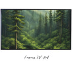 Deep Green Forest Art for Frame TV I Nature Wall Decor for Samsung Frame I 4K Forest Landscape Digital Artwork displayed on Samsung Frame TV on a living room wall.