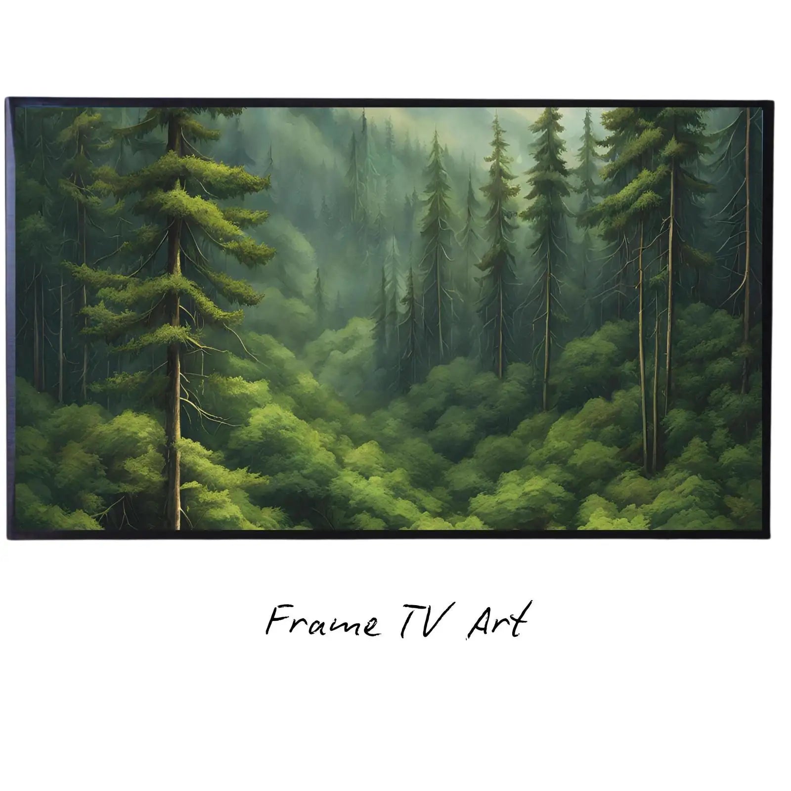 Deep Green Forest Art for Frame TV I Nature Wall Decor for Samsung Frame I 4K Forest Landscape Digital Artwork displayed on Samsung Frame TV on a living room wall.