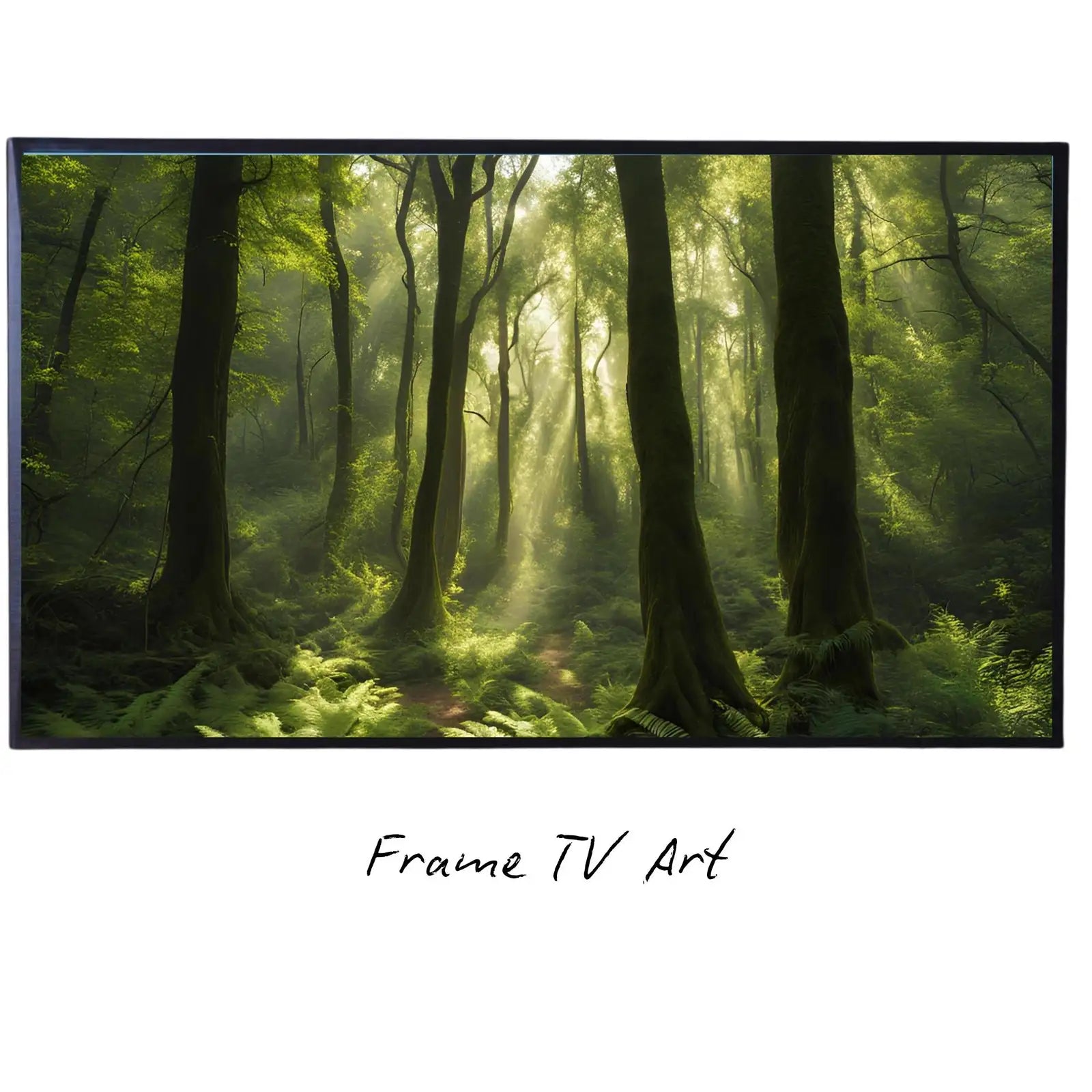 Deep Green Forest Art for Samsung Frame TV I 4K Nature Digital Display I Modern Nature Decor for Home displayed on Samsung Frame TV on a living room wall.
