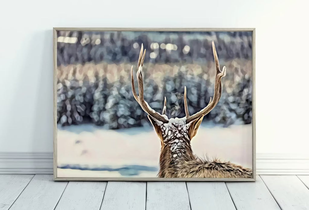 Deer Antlers Printable Wall Art, Snowy Winter Scene Deer Print, Deer Head Digital Painting, Animal Print Deer Poster, Nature Wall Art – Printable Wall Art
