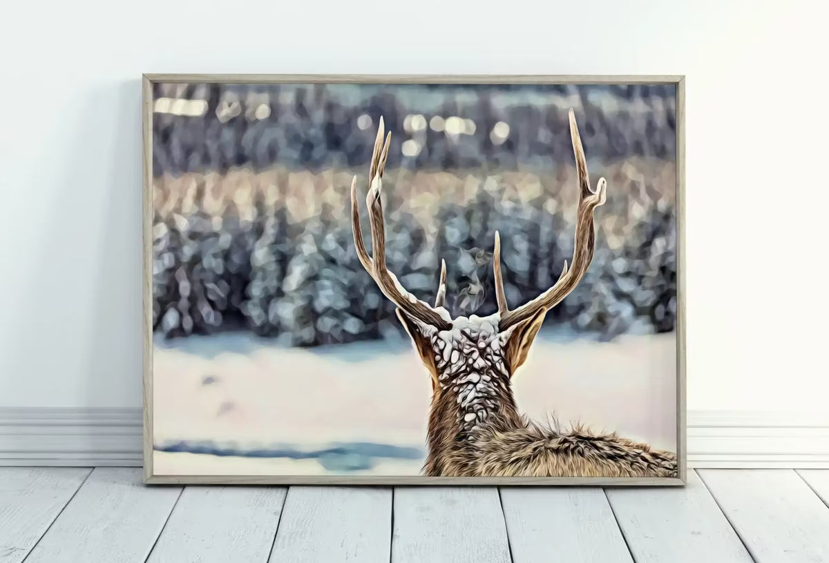 Deer Antlers Printable Wall Art, Snowy Winter Scene Deer Print, Deer Head Digital Painting, Animal Print Deer Poster, Nature Wall Art – Printable Wall Art