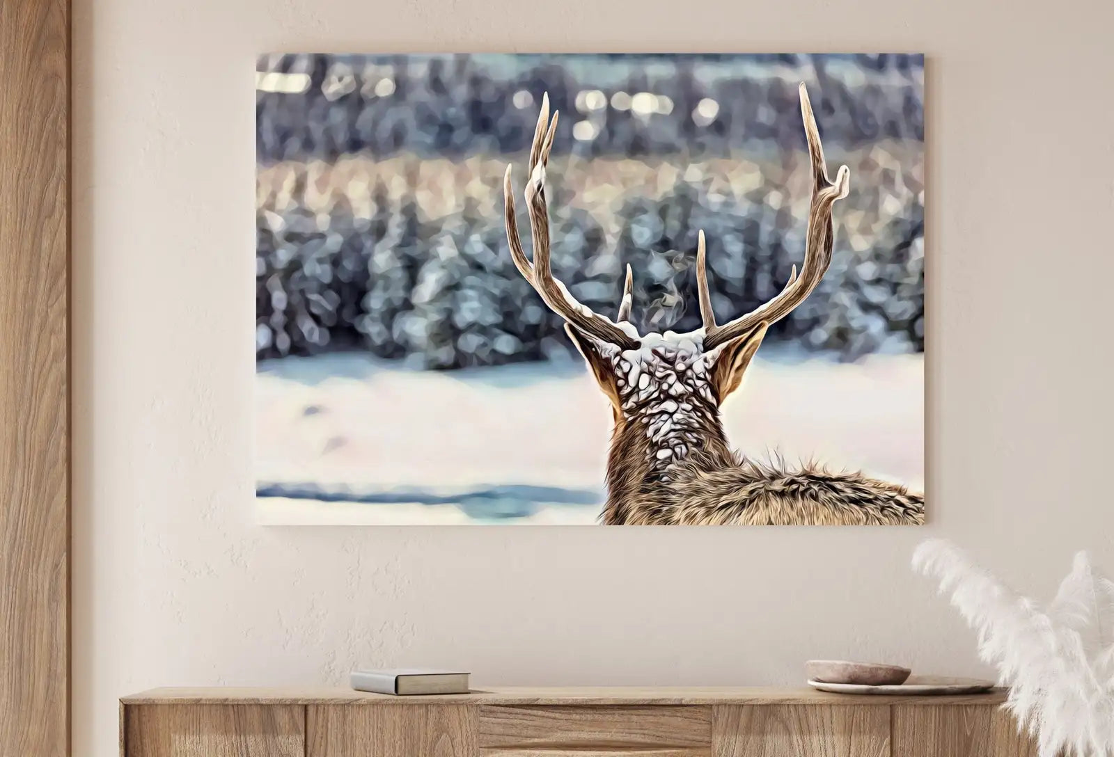Detail view of artwork from Deer Antlers Printable Wall Art, Snowy Winter Scene Deer Print, Deer Head Digital Painting, Animal Print Deer Poster, Nature Wall Art. (variation 1)
