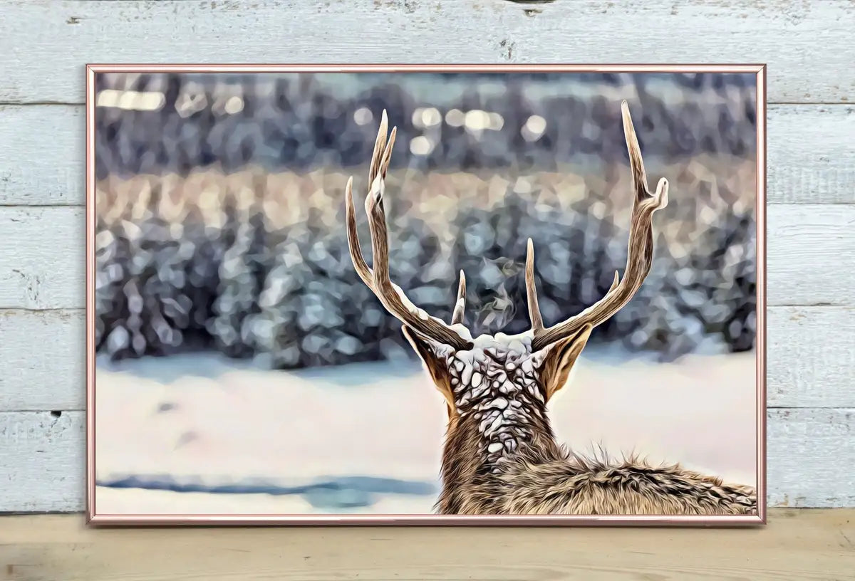 Detail view of artwork from Deer Antlers Printable Wall Art, Snowy Winter Scene Deer Print, Deer Head Digital Painting, Animal Print Deer Poster, Nature Wall Art. (variation 2)