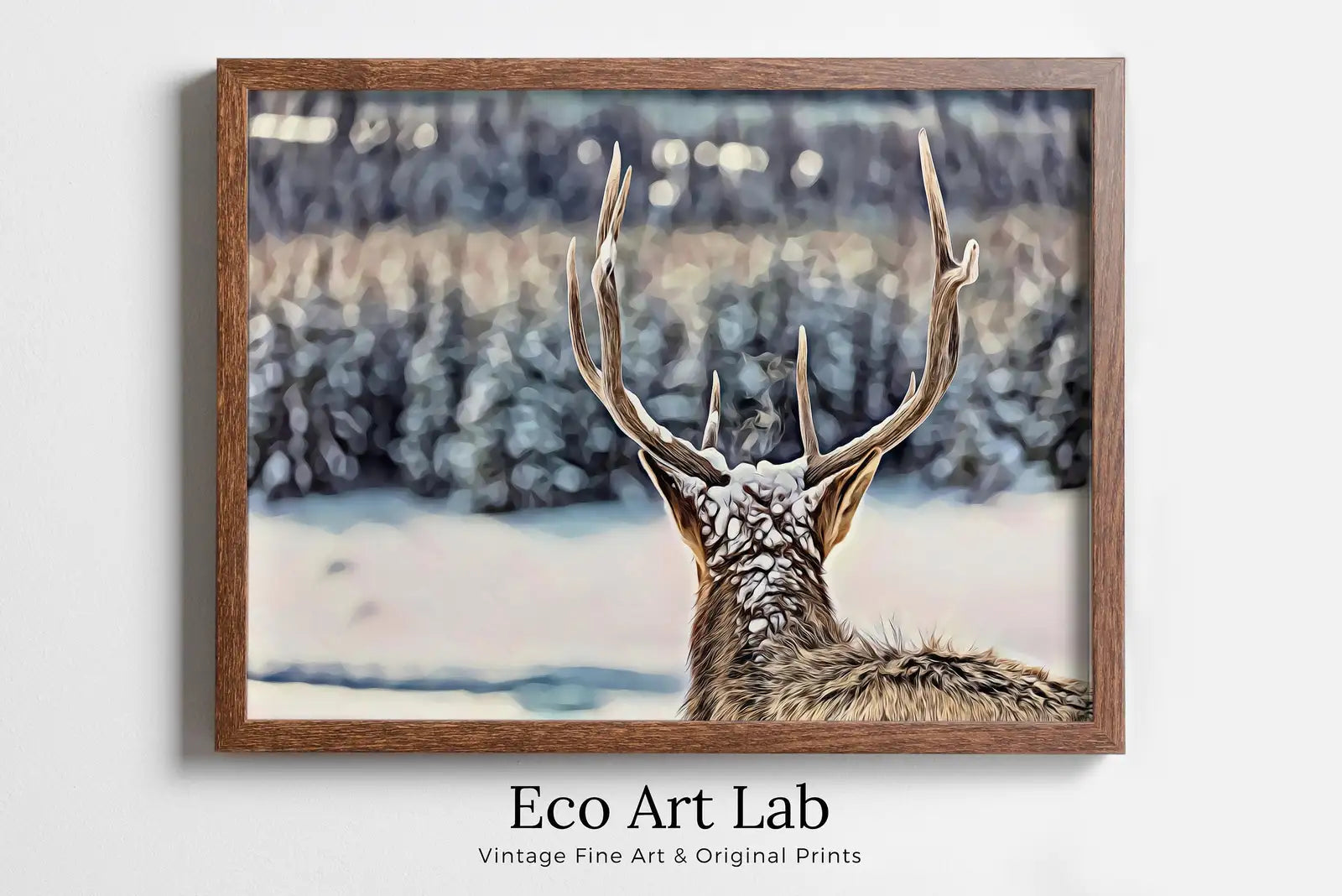 Framed view of Deer Antlers Printable Wall Art, Snowy Winter Scene Deer Print, Deer Head Digital Painting, Animal Print Deer Poster, Nature Wall Art – printable wall art digital download.