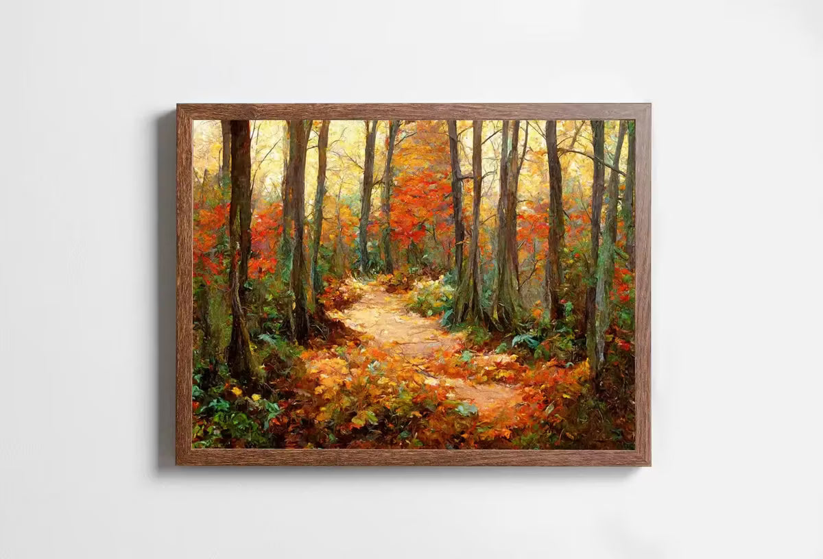 Dense Forest Trail in Fall Landscape Painting. Printable Wall Art. Home or Office Decor. Nature Print Digital Autumn Art. Instant Download – Printable Wall Art