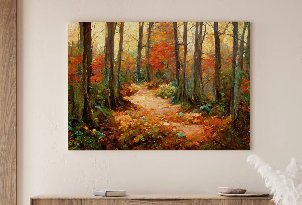 Dense Forest Trail in Fall Landscape Painting. Printable Wall Art. Home or Office Decor. Nature Print Digital Autumn Art. Instant Download – Printable Wall Art