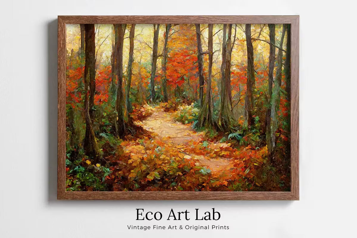 Dense Forest Trail in Fall Landscape Painting. Printable Wall Art. Home or Office Decor. Nature Print Digital Autumn Art. Instant Download – Printable Wall Art